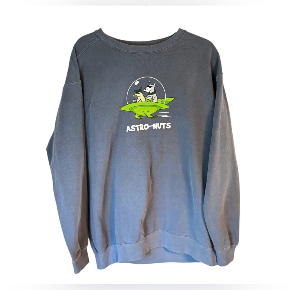 Teddy The Dog Astro-Nuts Men’s Steel Blue Crew Neck Graphic Sweatshirt Size L